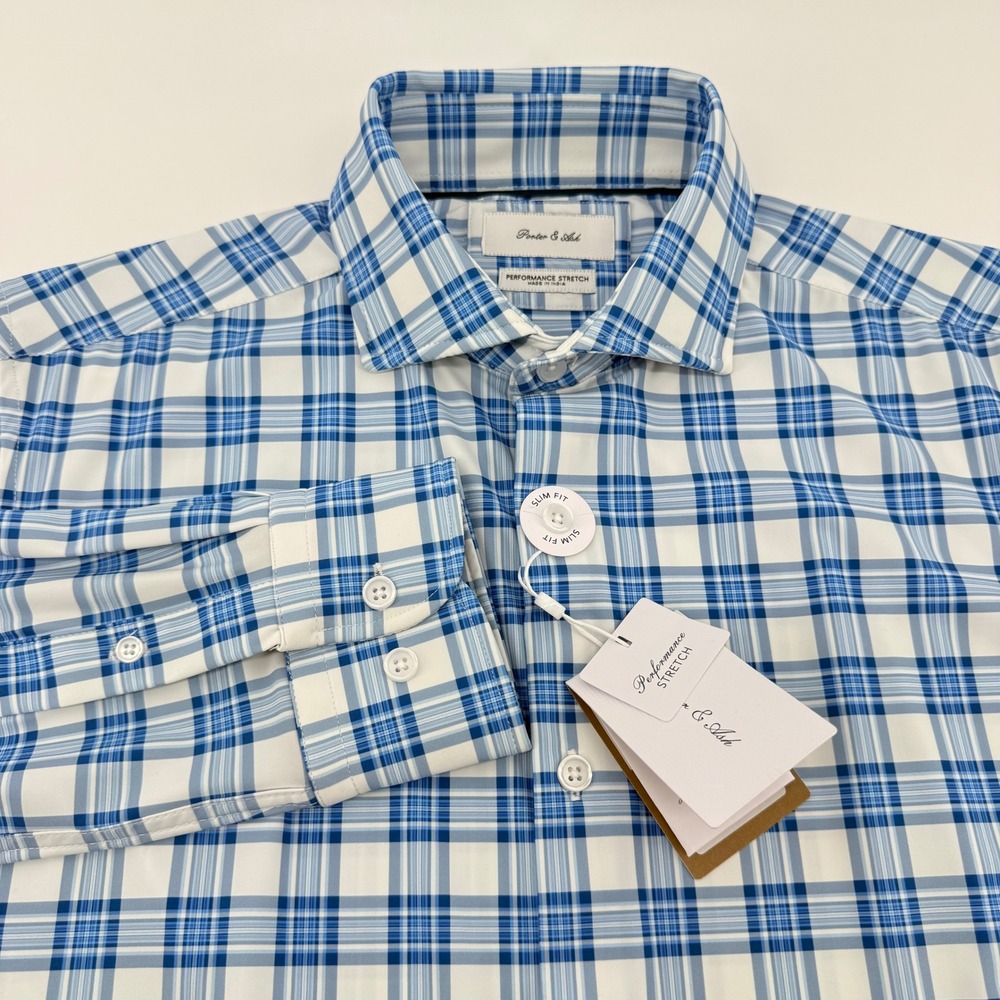 Porter & Ash Mens Slim Fit Performance Stretch Plaid Button Down Shirt Blue M